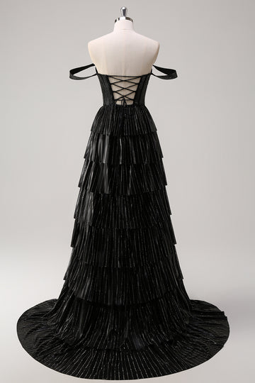 Black Beading Tiered Off the Shoulder Prom Dress with Slit